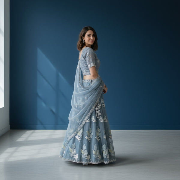 Aurorea Sage Green Lehenga with Floral Thread Work & Butterfly Motifs