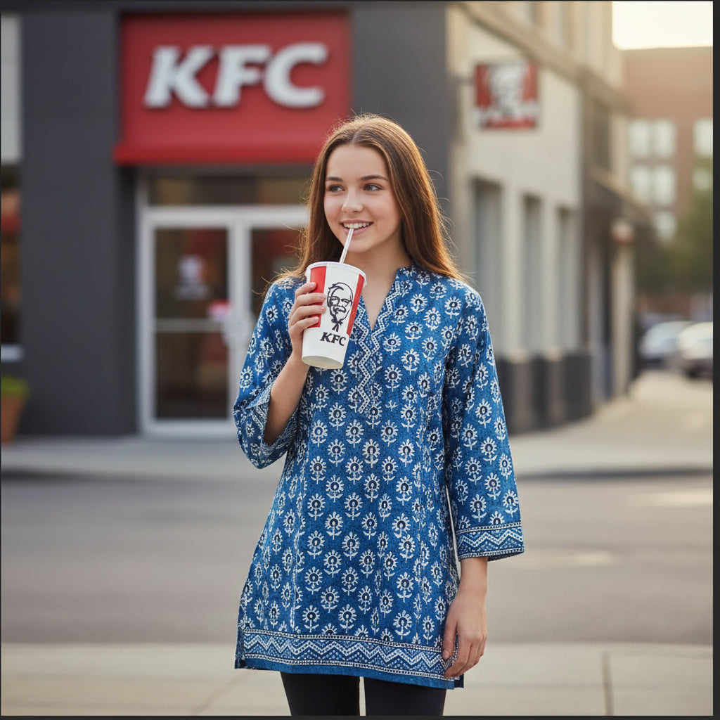 Jaipuri Blue Floral Block Print V-Neck Short Kurti