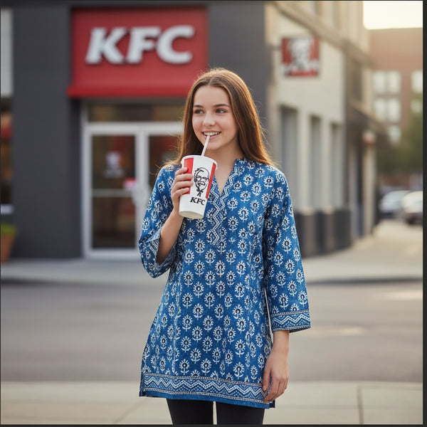 Jaipuri Blue Floral Block Print V-Neck Short Kurti