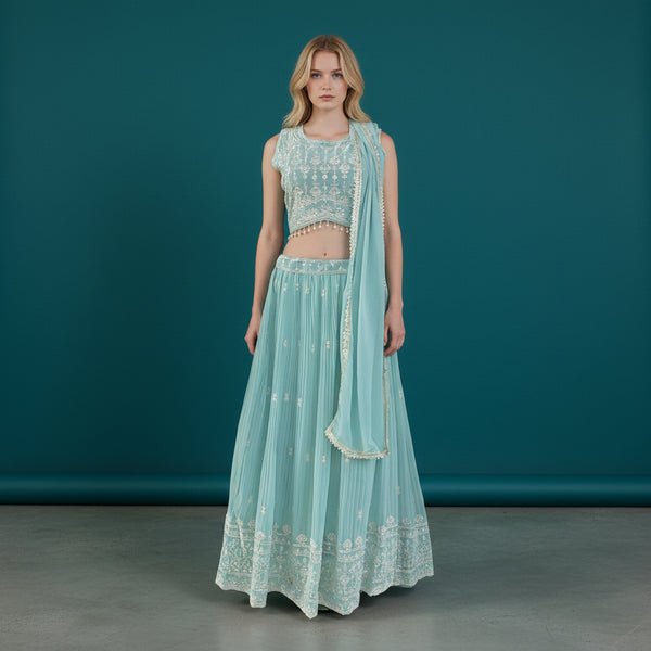 Silk Blend Net Crop Top Pleated Skirt