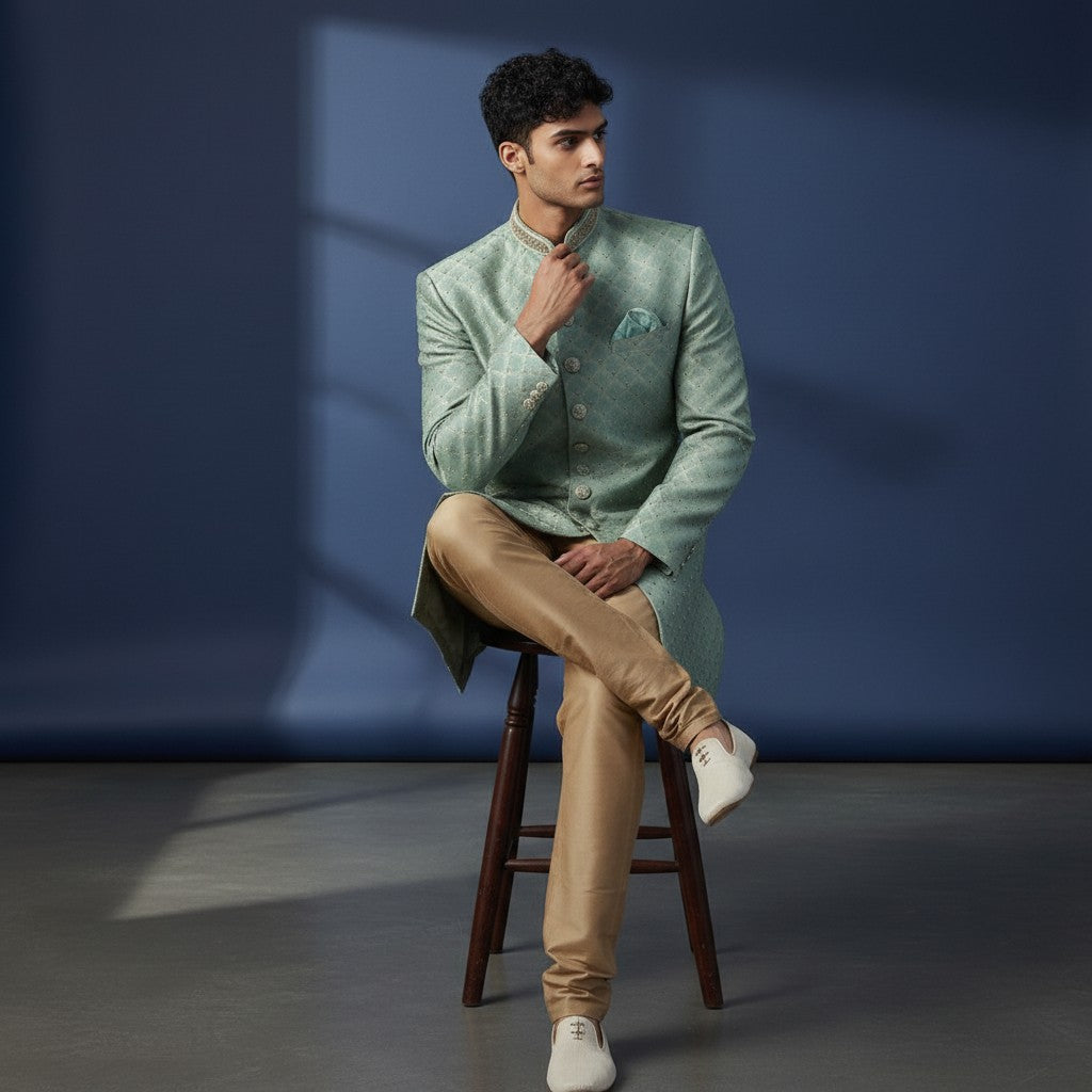 Mint Green Embroidered Sherwani for Men