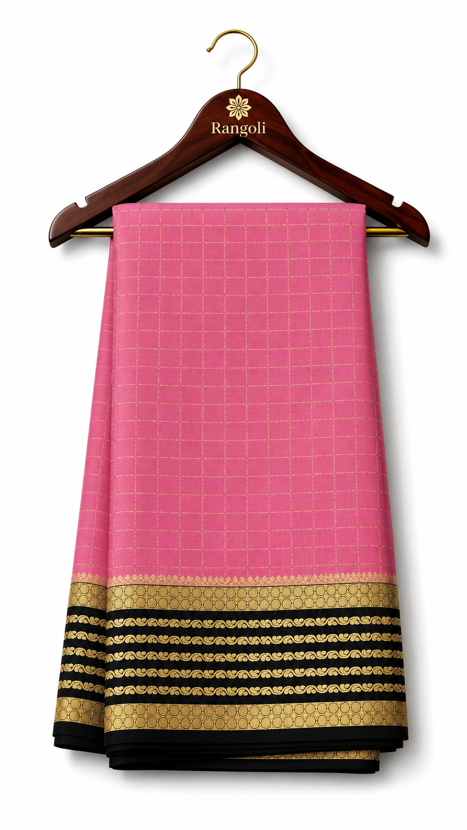 Pink with Gold Checks and Black/Gold Striped Border Pure Silk Saree