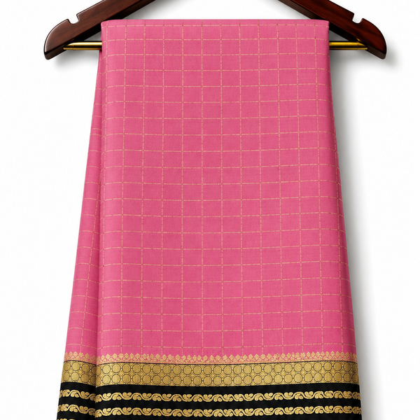 Pink with Gold Checks and Black/Gold Striped Border Pure Silk Saree
