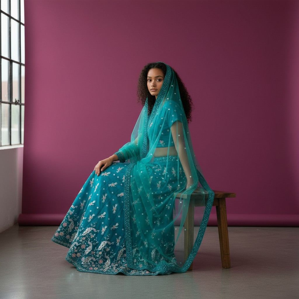 Vibrant Teal Floral & Peacock Motif Lehenga with Mirror Border & Tassels