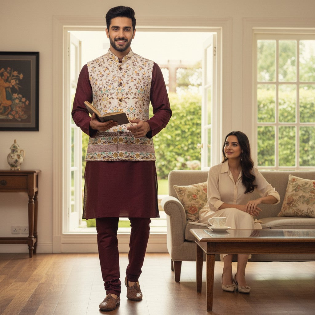 Men's Maroon Kurta Set with Floral Vest