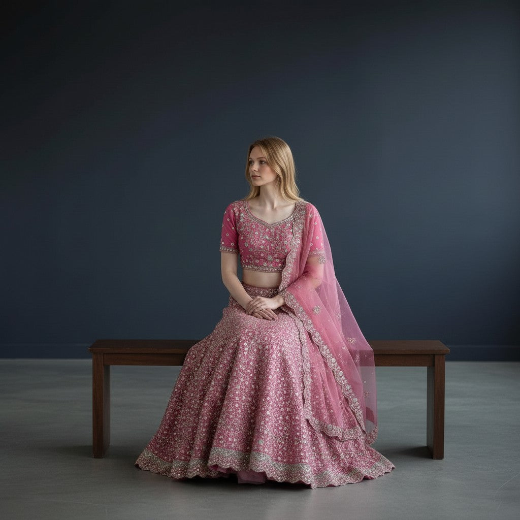 Dusty Rose Floral Sequin Lehenga with Net Dupatta