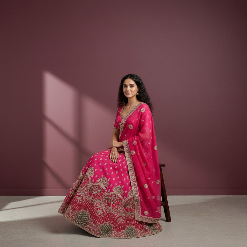 Magenta Lehenga with Tree of Life Motifs and Gold Zari Embroidery