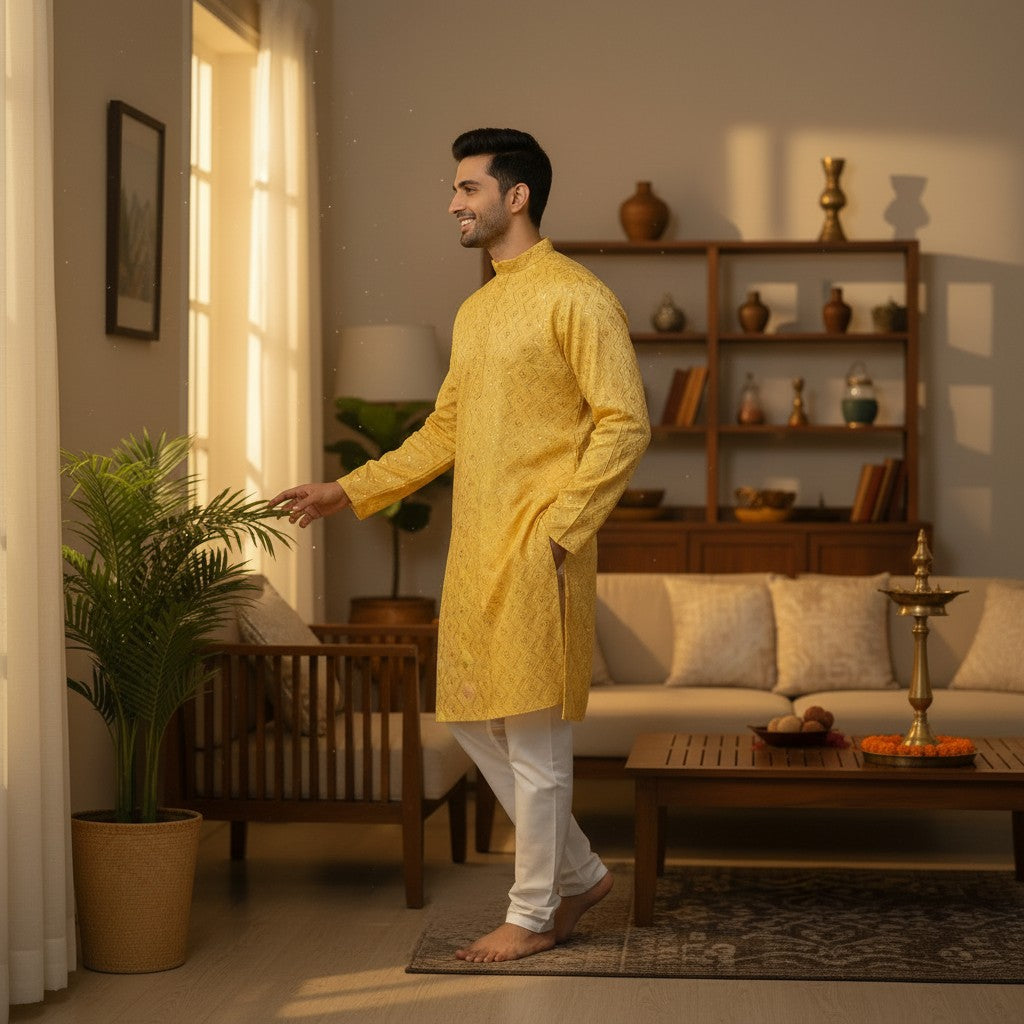 Men's Yellow Designer Kurta for Festive Occasions