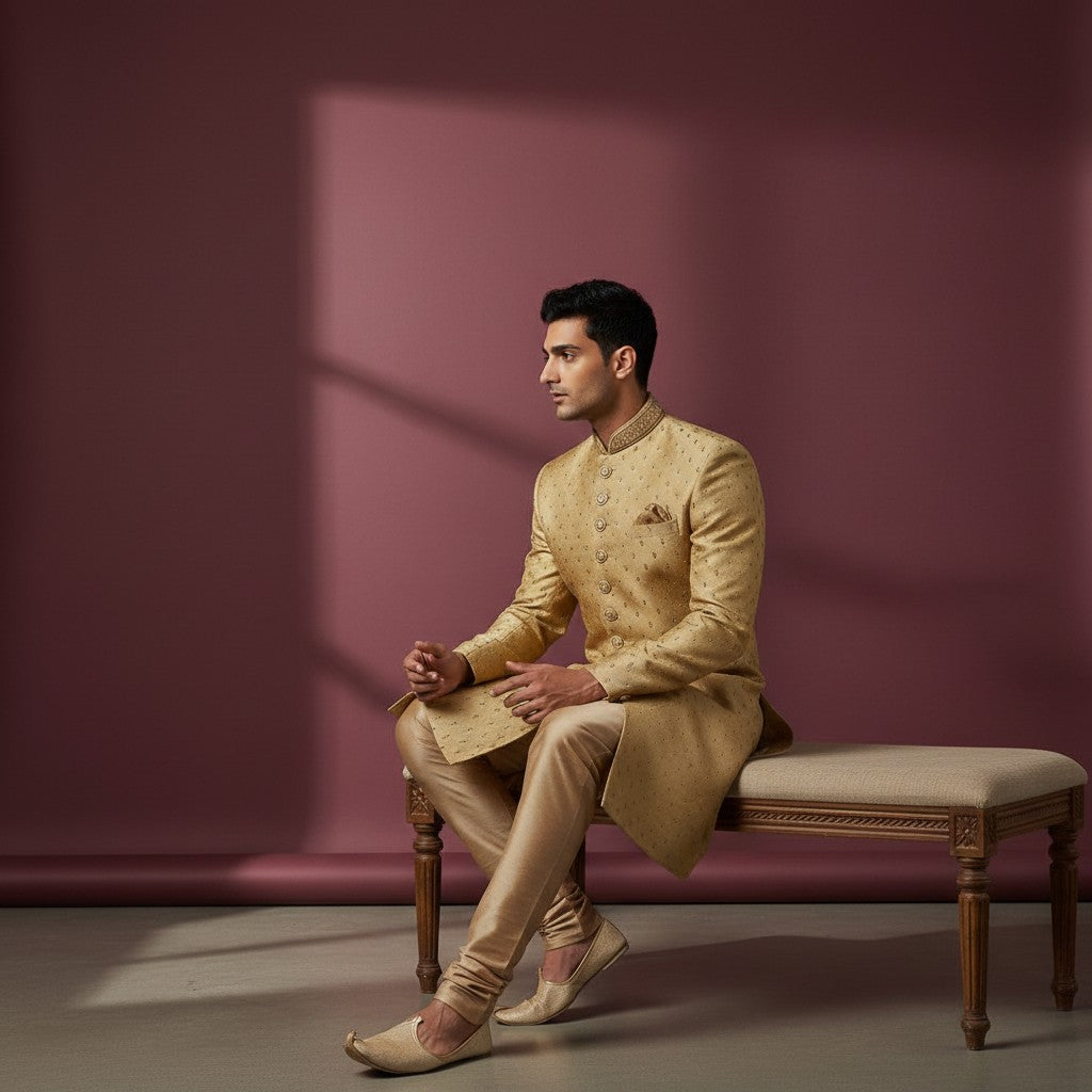 A Yellow Colored Self Design Sherwani