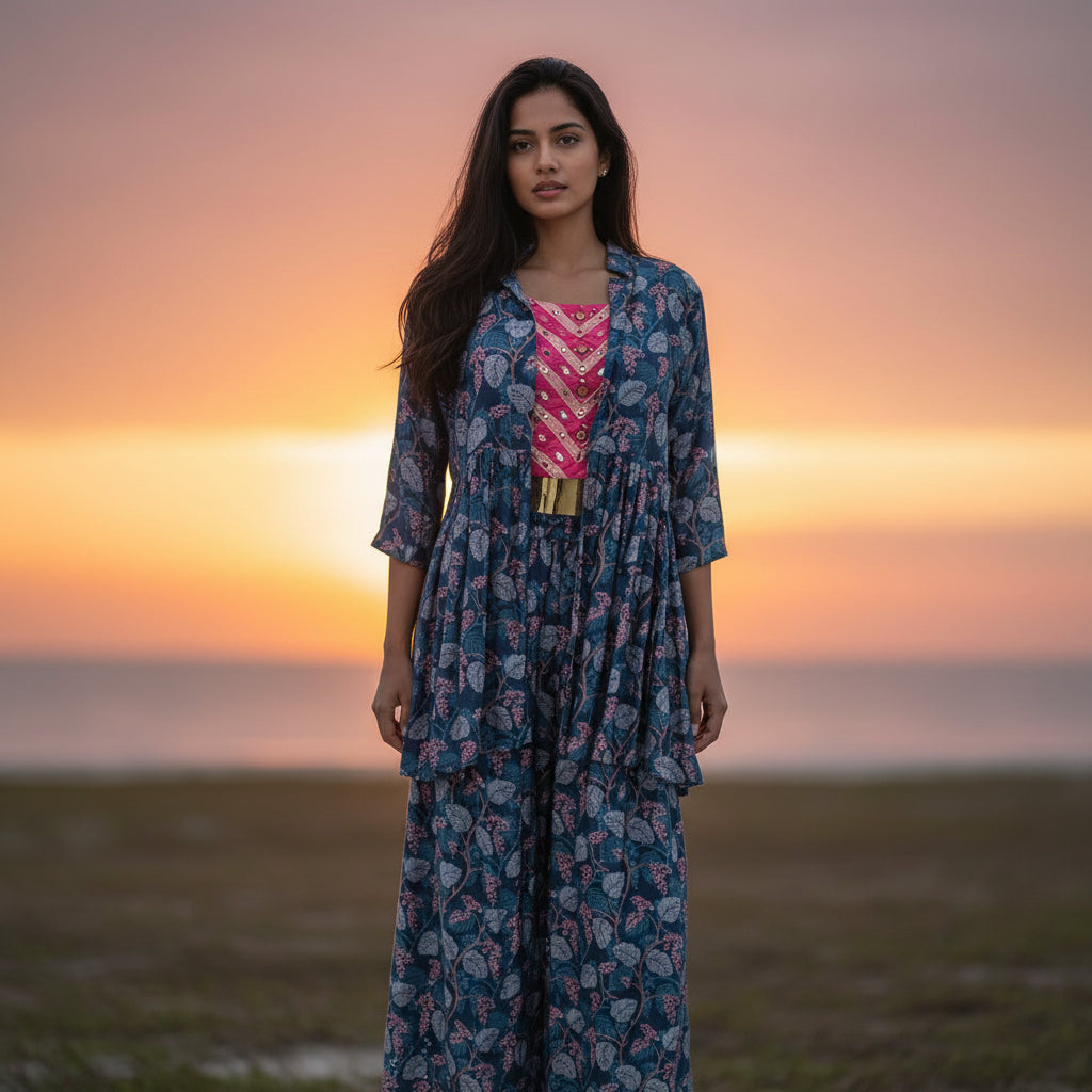 Cotton Rayon Blend Long Jacket & Pants