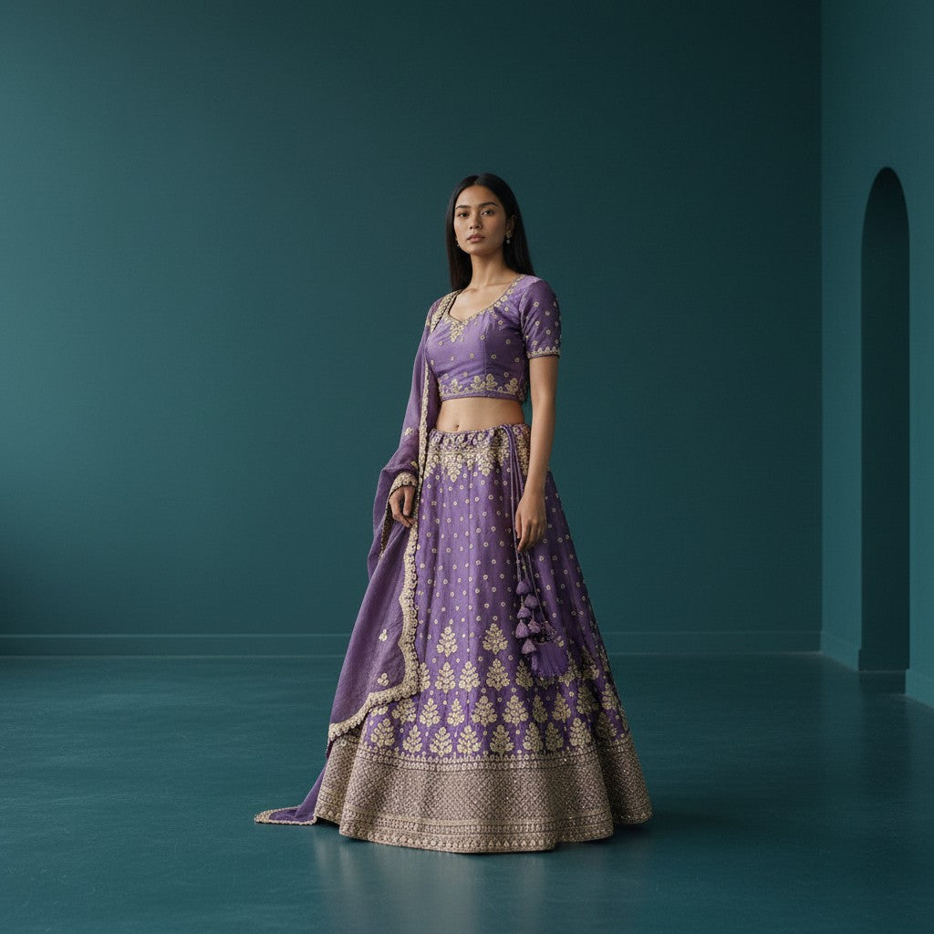 Royal Purple Lehenga Choli with Gold Zari Floral Embroidery
