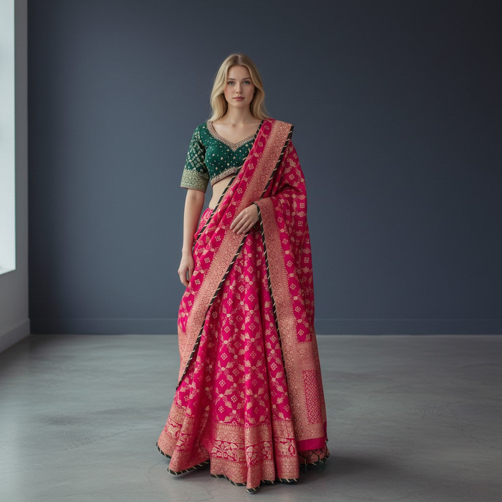 Vibrant Pink Silk Saree with Intricate Patterns and Contrasting Border