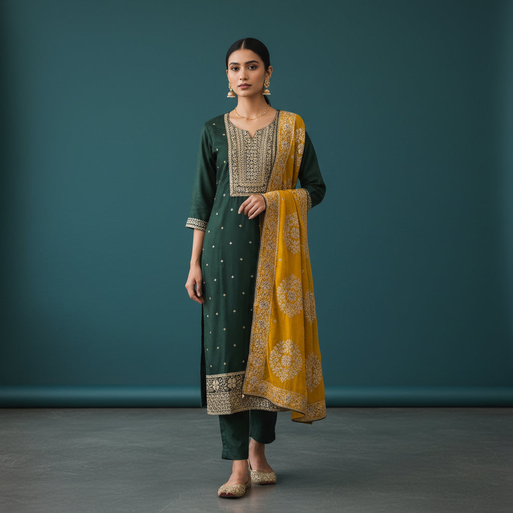 Silk Blend Kurta Set with Zari Embroidery