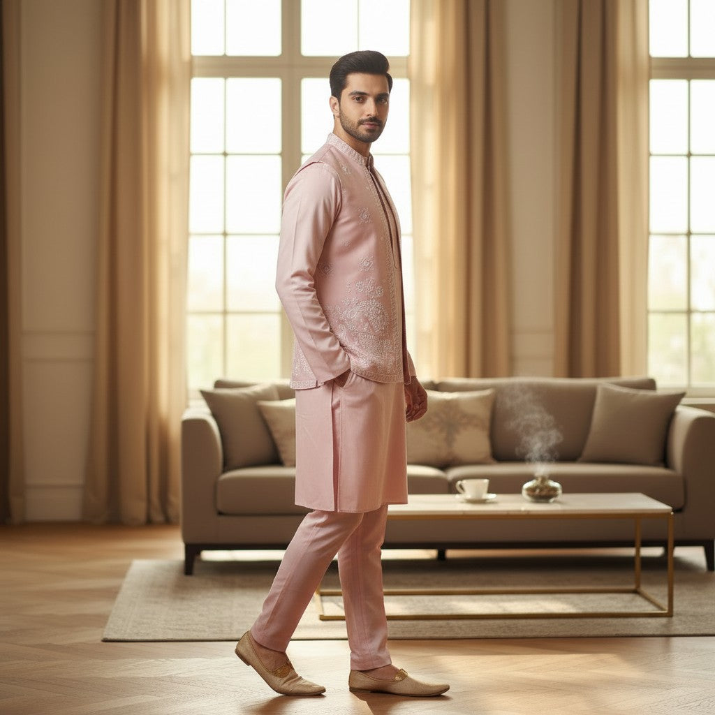 Men 3 Piece Kurta Set - Dusty Rose