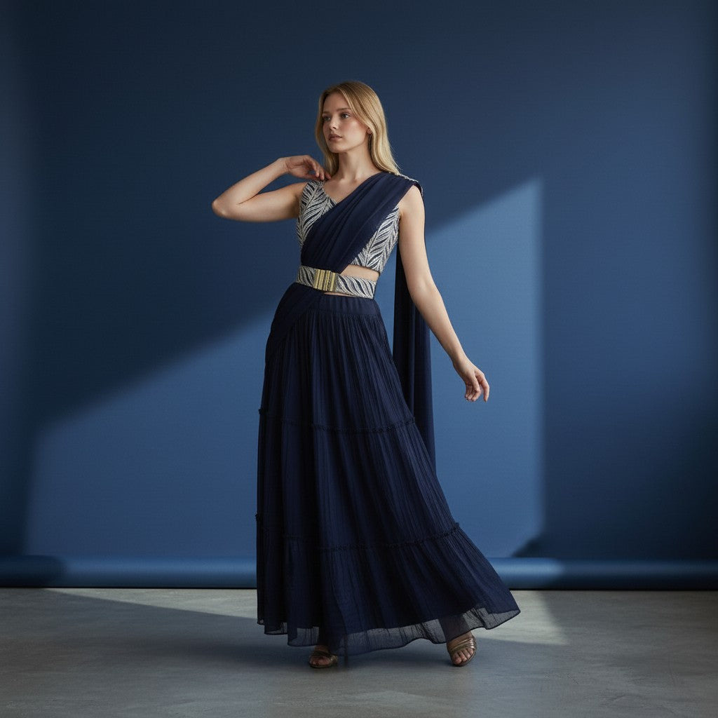 Navy Blue Tiered Lehenga with Sequined Blouse