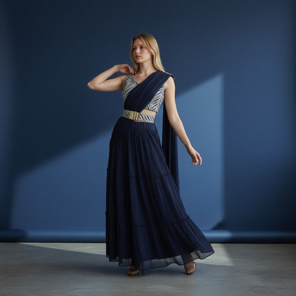 Navy Blue Tiered Lehenga with Sequined Blouse