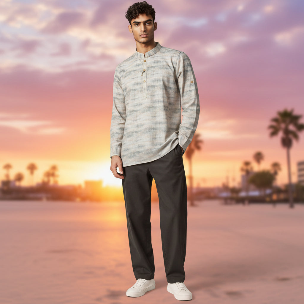 Funky Men's Band Collar Kurta - Peach Hue