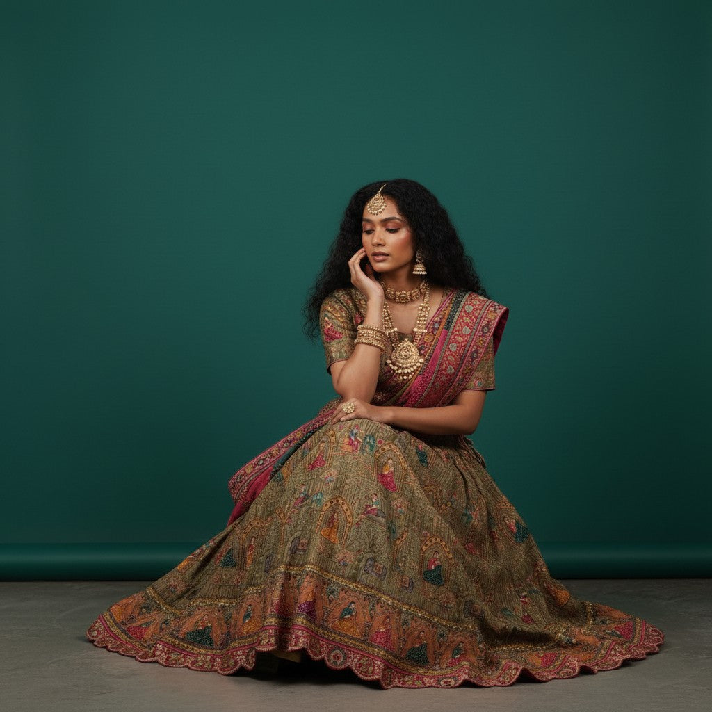 Olive Green & Multicolor Pichwai Art Lehenga with Chevron Dupatta