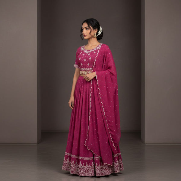 Magenta Silver Beaded Lehenga Set