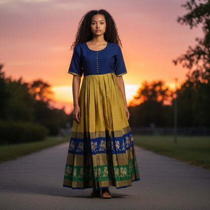 Silk Blend Long Dress with Peacock Border