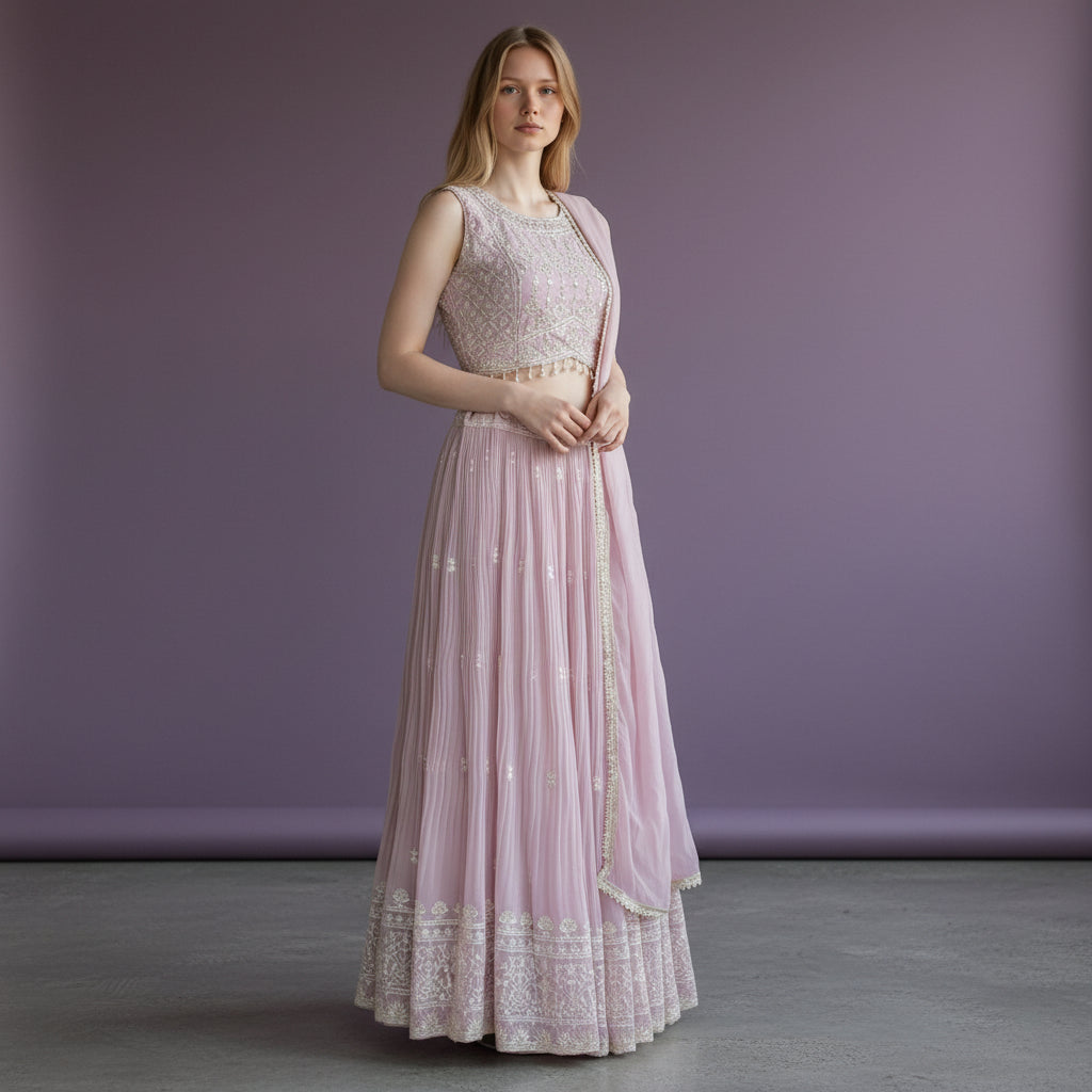 Silk Blend Crop Top with Pleated Skirt for Elegant Occasions