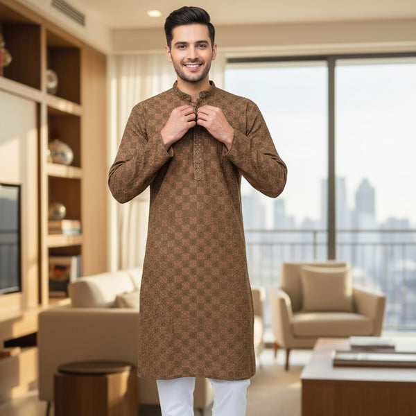 Brown Checkered Mandarin Collar Kurta