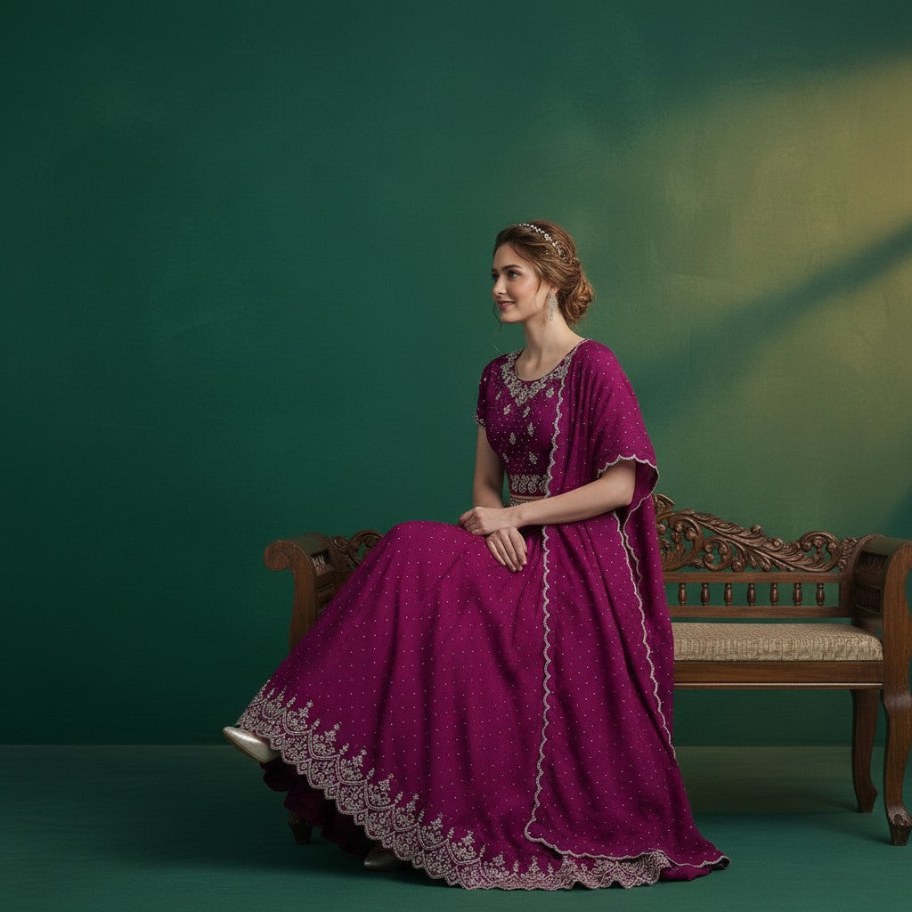 Deep Magenta Sequin Embroidered Lehenga with Floral Blouse and Dupatta