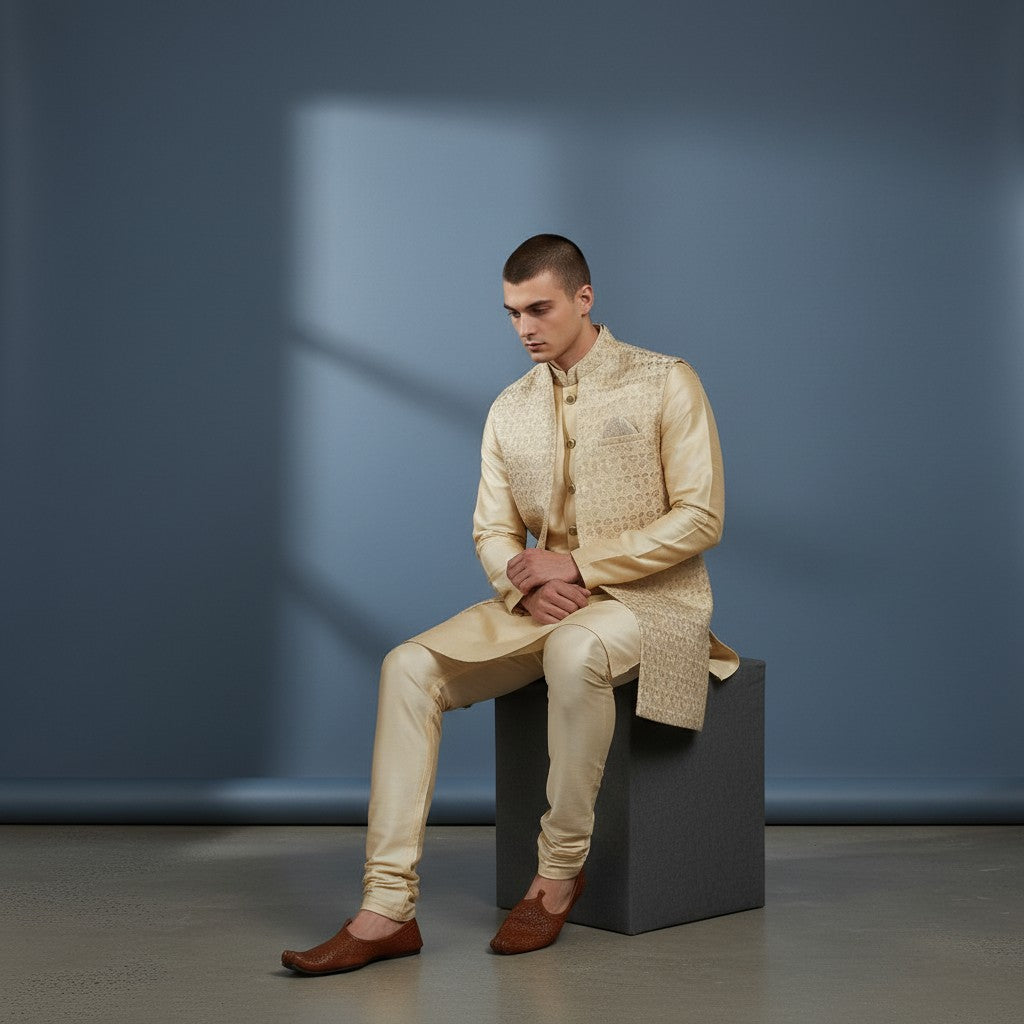 A golden Self Design Men's Sherwani
