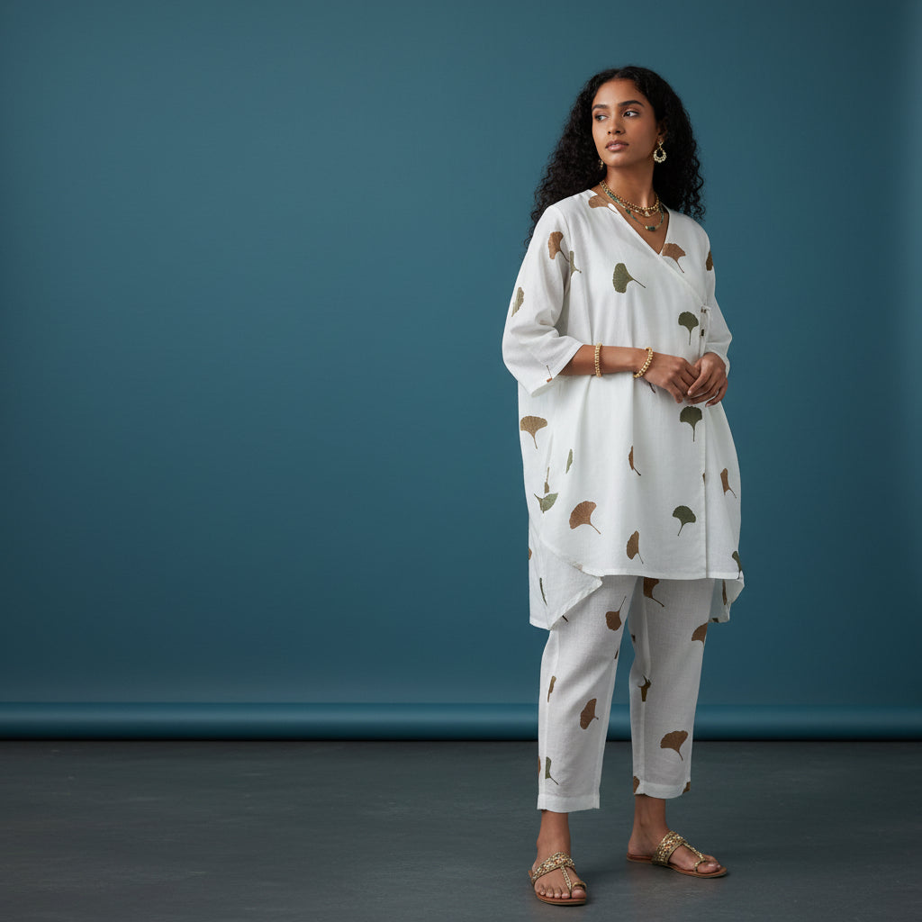 BT Stories 2-Piece Co-ord Set - Wrap-Style Tunic and Pants with Leaf Print