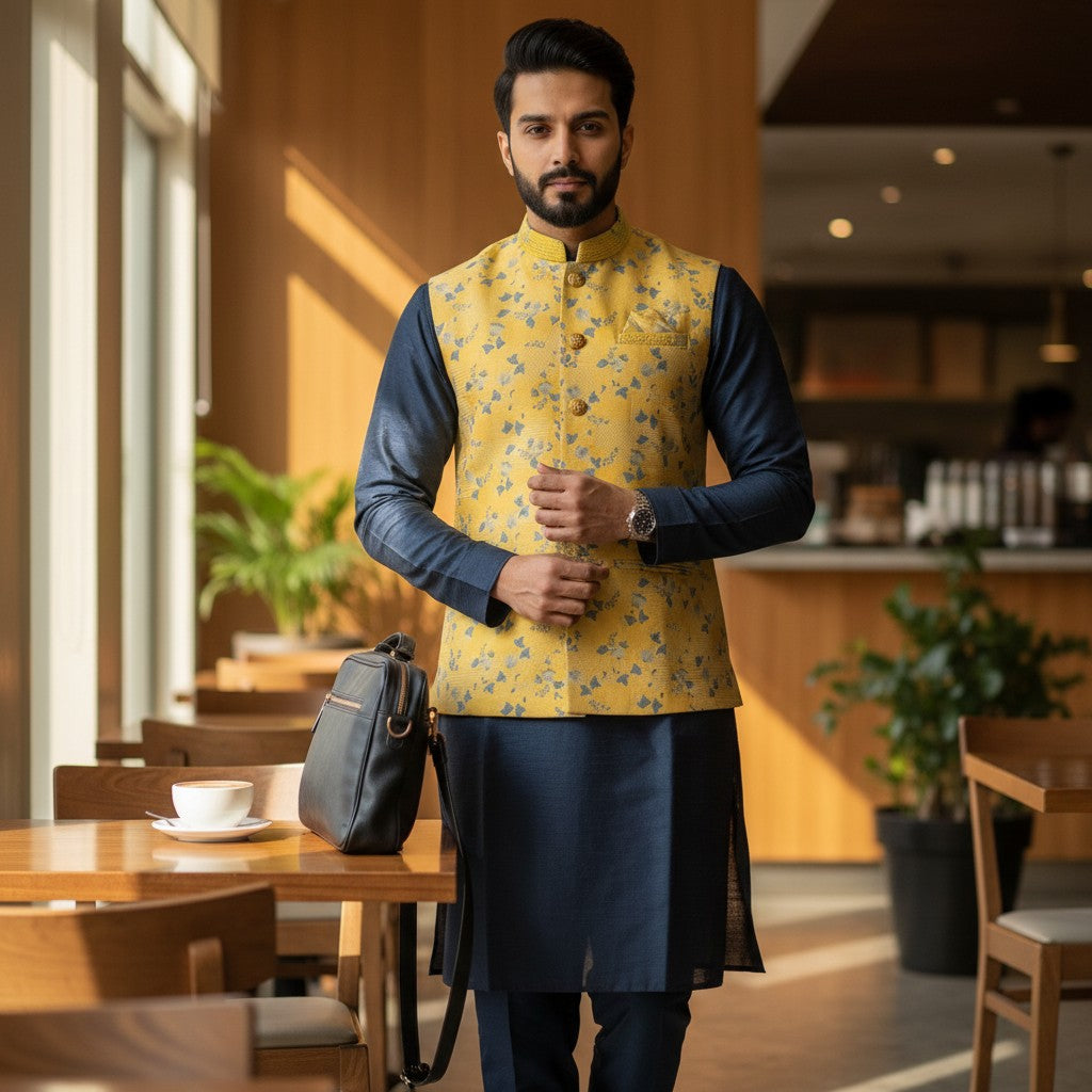 Men Navy Blue 3 Piece Kurta Set