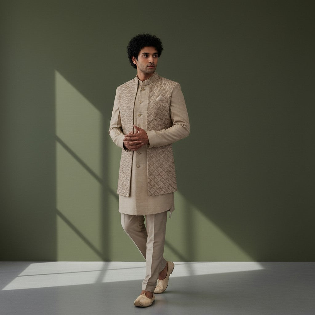 Beige Tailored Textured Jacket for Men