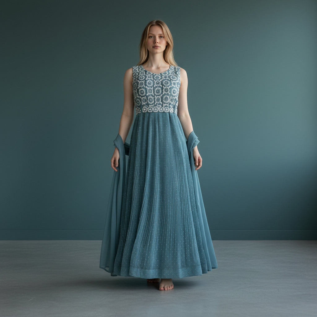 Pleated Floor-Length Gown (Frock) with Floral Embroidered Bodice