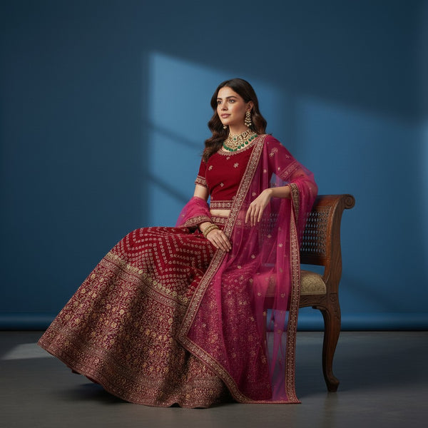 Magenta Velvet Lehenga with Gold Zari and Sequin Chevron Skirt