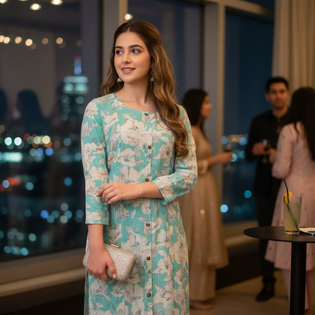 Seafoam Floral Easy-Feed Nursing Kurta with Striped Trousers