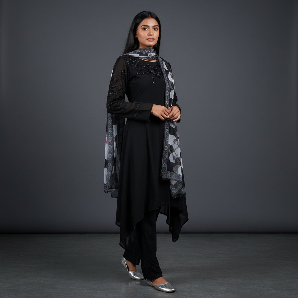 Georgette Kurta Set 3 Pc Black