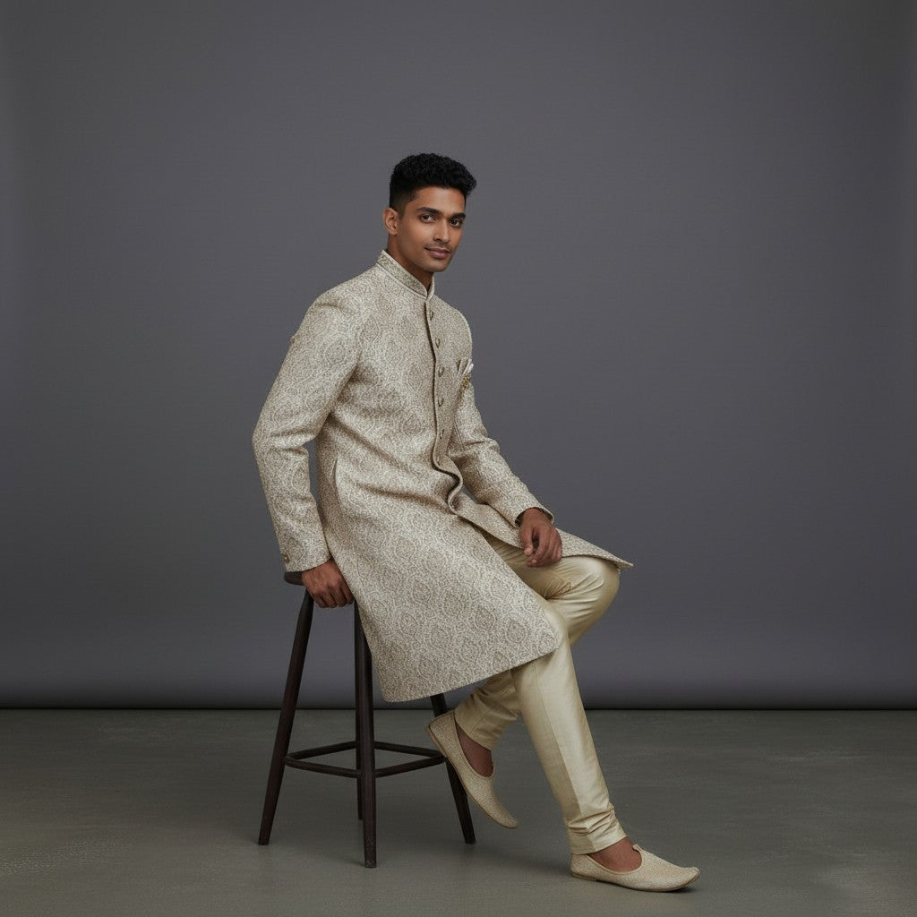 A Cream Colored Self Design Sherwani