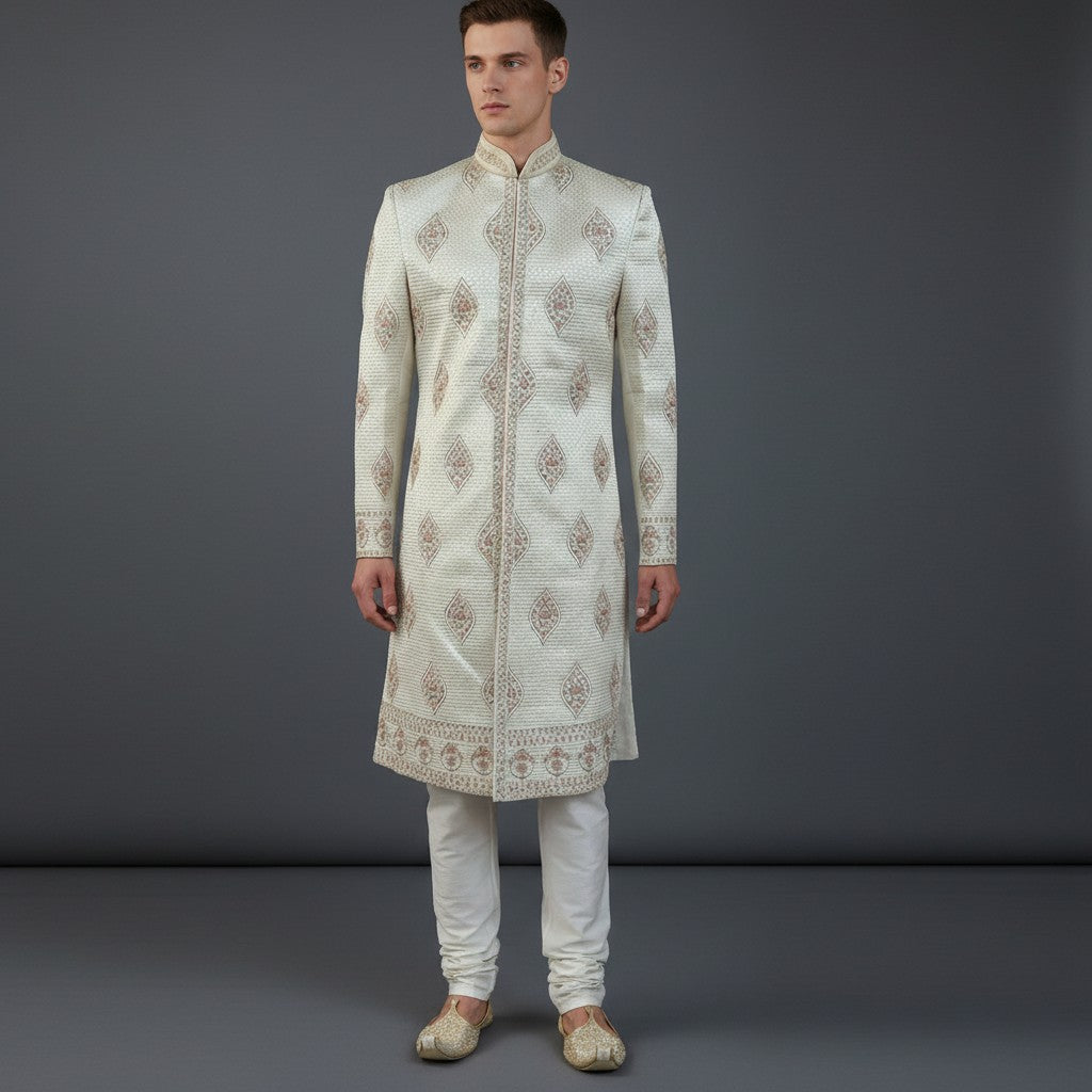 Cream Colored Self Design Men Sherwani