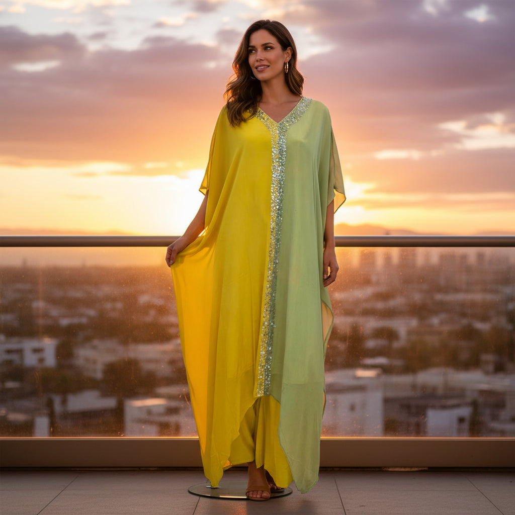 Crepe Silk Color-Block Kaftan Dress