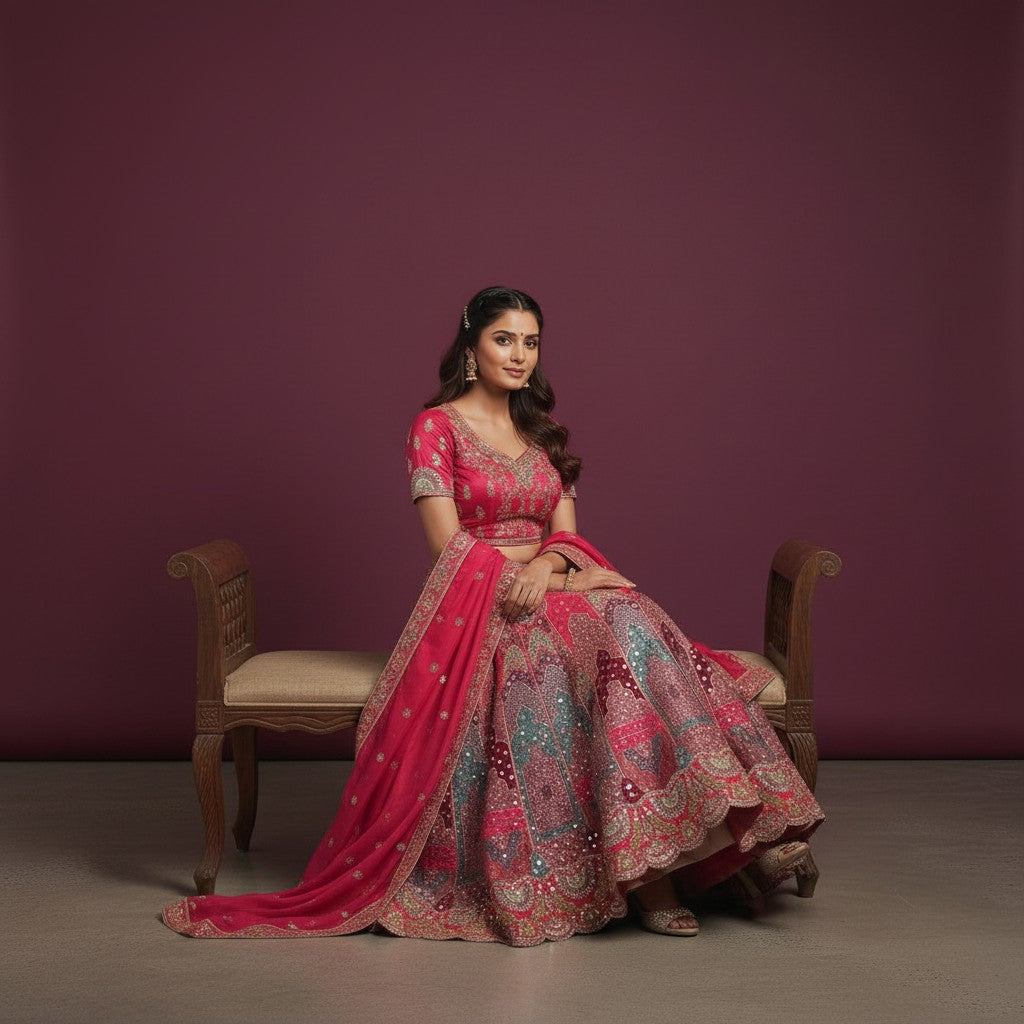 Vibrant Crimson Red & Multi-Color Paneled Lehenga with Gold Thread Work