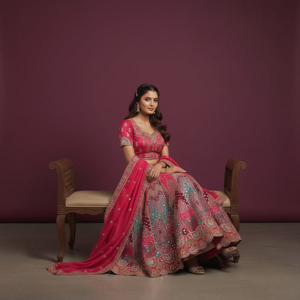Vibrant Crimson Red & Multi-Color Paneled Lehenga with Gold Thread Work
