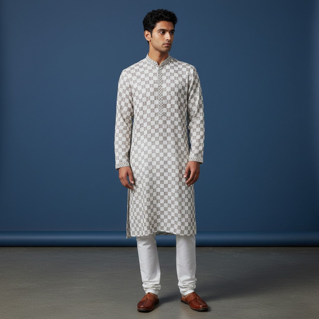 Chikankari Embroidered Sequinned Kurta Set for Men Off White Cotton