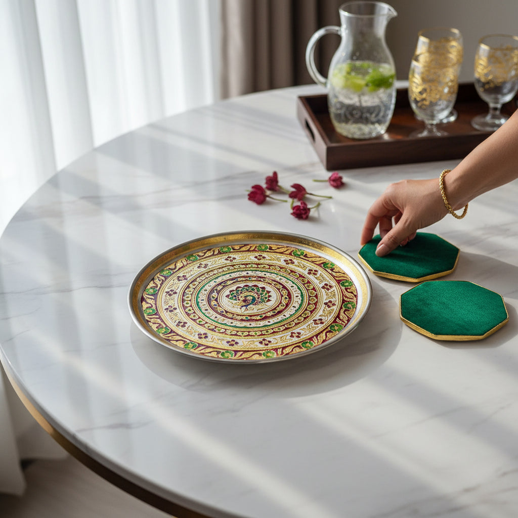 Handcrafted Meenakari Thali – Floral Border with Golden Accents