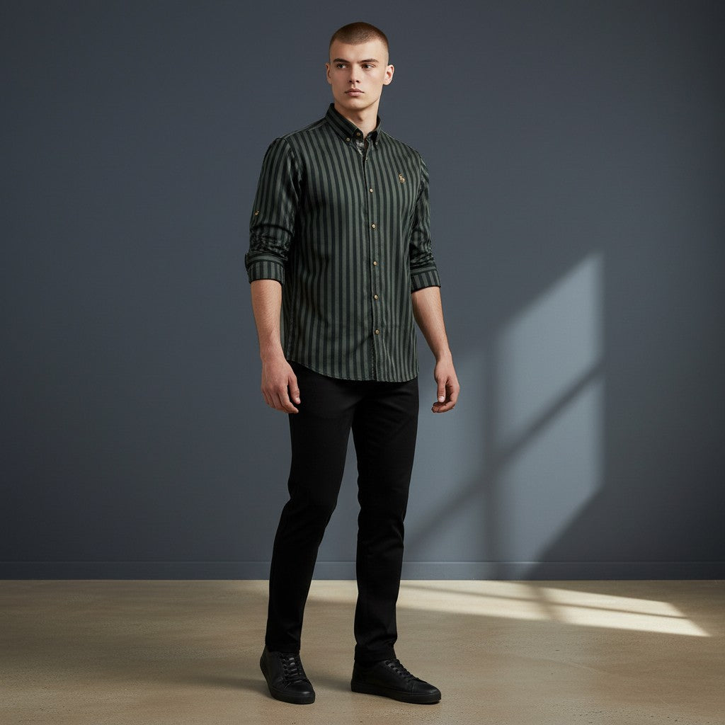 Men's Navy & Green Striped Button-Up Shirt