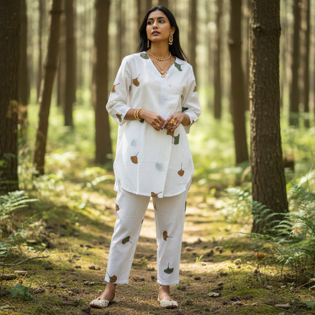 BT Stories 2-Piece Co-ord Set - Wrap-Style Tunic and Pants with Leaf Print