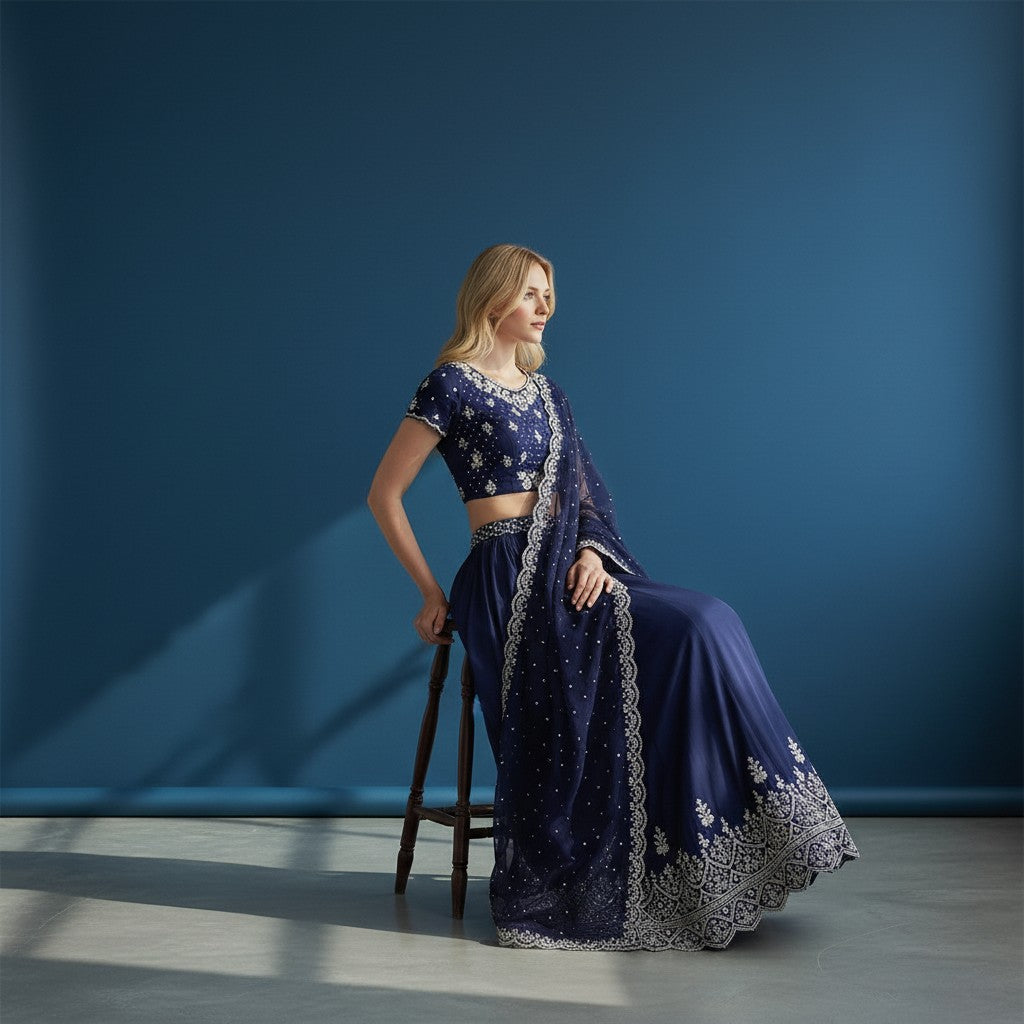 Navy Blue Embroidered Lehenga with Silver Floral Blouse and Scalloped Edge Dupatta