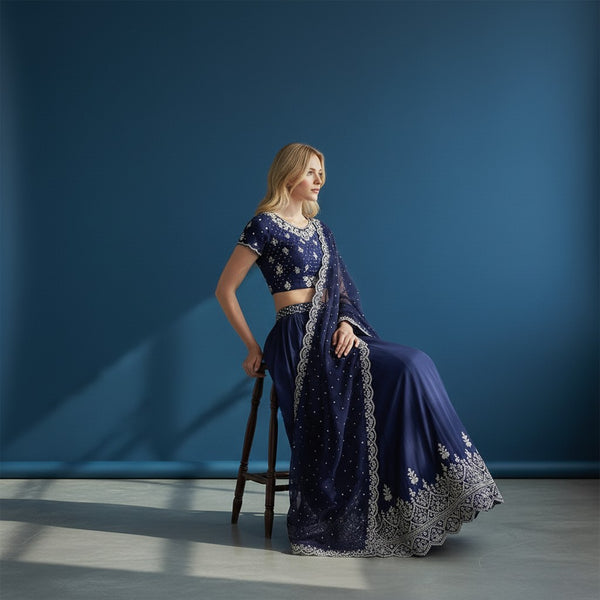 Navy Blue Embroidered Lehenga with Silver Floral Blouse and Scalloped Edge Dupatta