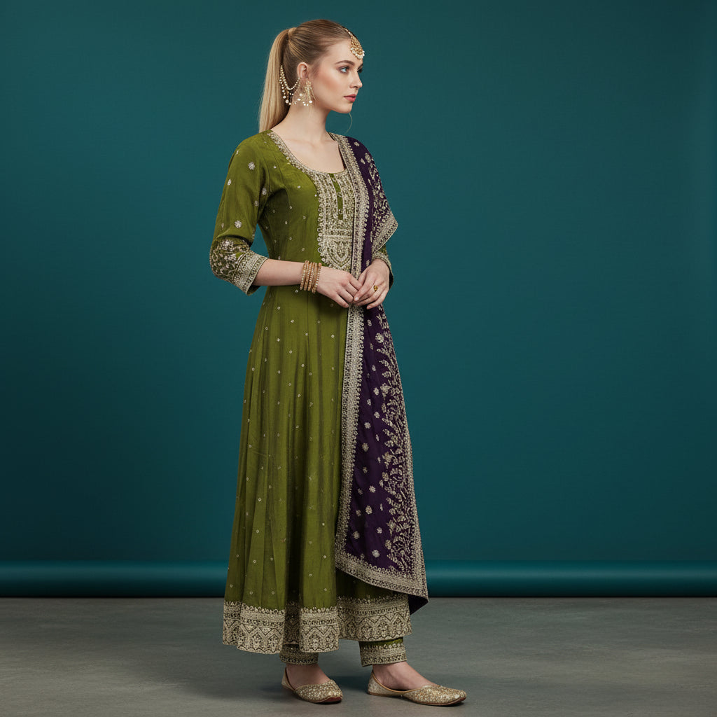 Silk Blend Kurta Set with Embroidery