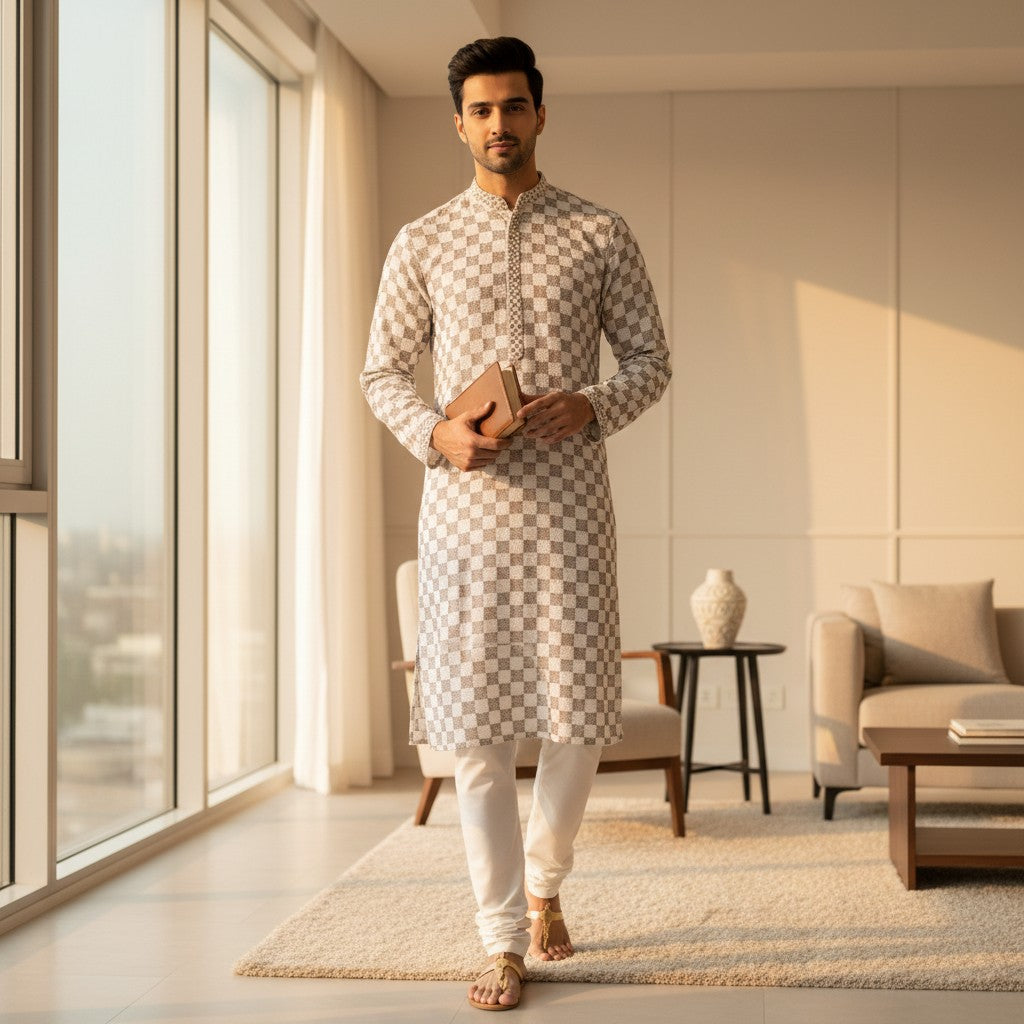 Chikankari Embroidered Sequinned Kurta Set for Men Off White Cotton