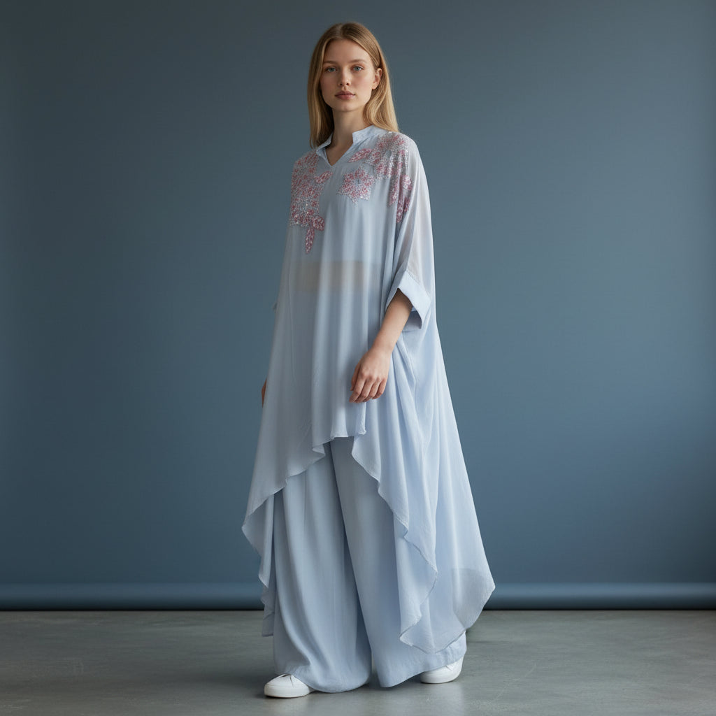 Light Blue with Pink Floral Shoulder Beadwork Kaftan