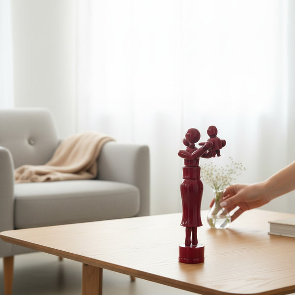 Wooden Mother & Child Red Sculpture